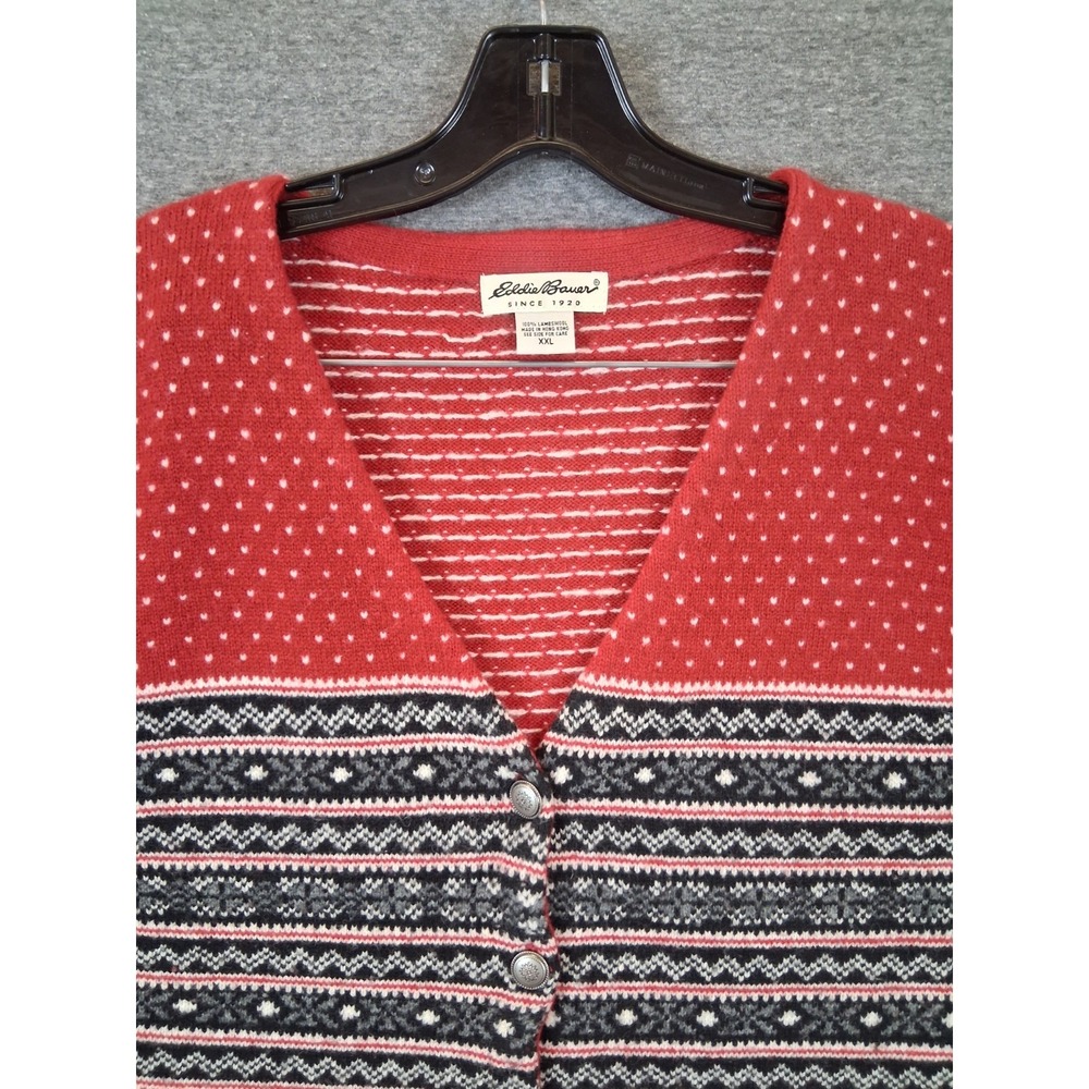 Eddie Bauer Mens Sweater 2XL Red Black Fair Isle Vest 100% Lambswool Cabincore